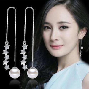 9.25 Sterling Silver Cutest Natural Pearls and 5 Stars Earrings